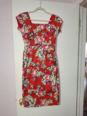 The Pretty Dress Company Mock Embroidery Red Pencil Dress Size 12 UK, 8 US
